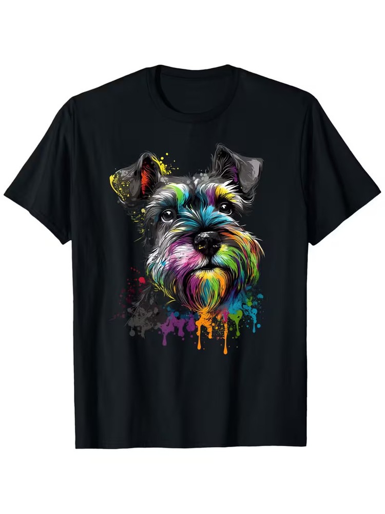 1pc Miniature Schnauzer Colorful Print T-Shirt – 100% Cotton, Crew Neck, Loose F
