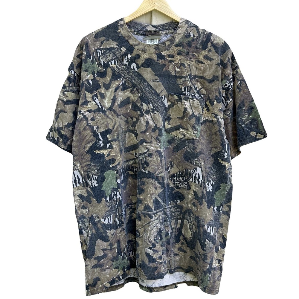 Vintage 90s Y2K Mossy Oak Camo Forest Floor Pocket Tee Shirt Mens Large