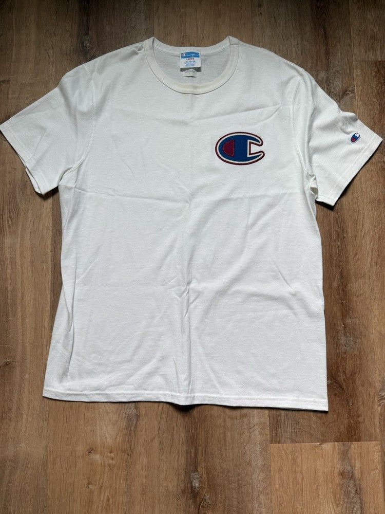 Champion Mens T-Shirt Large White Big Patch Logo Embroidery Sports Retro