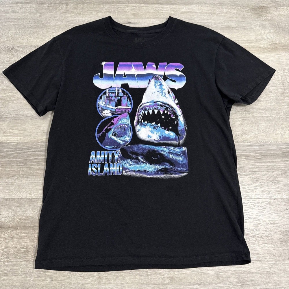Jaws Shirt Amity Island Shark Movie Tee Men’s Black Short Sleeve Large