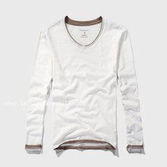 Mens Round Collar Long-Sleeved T-Shirts Cotton V-Neck Solid Color Casual Tops