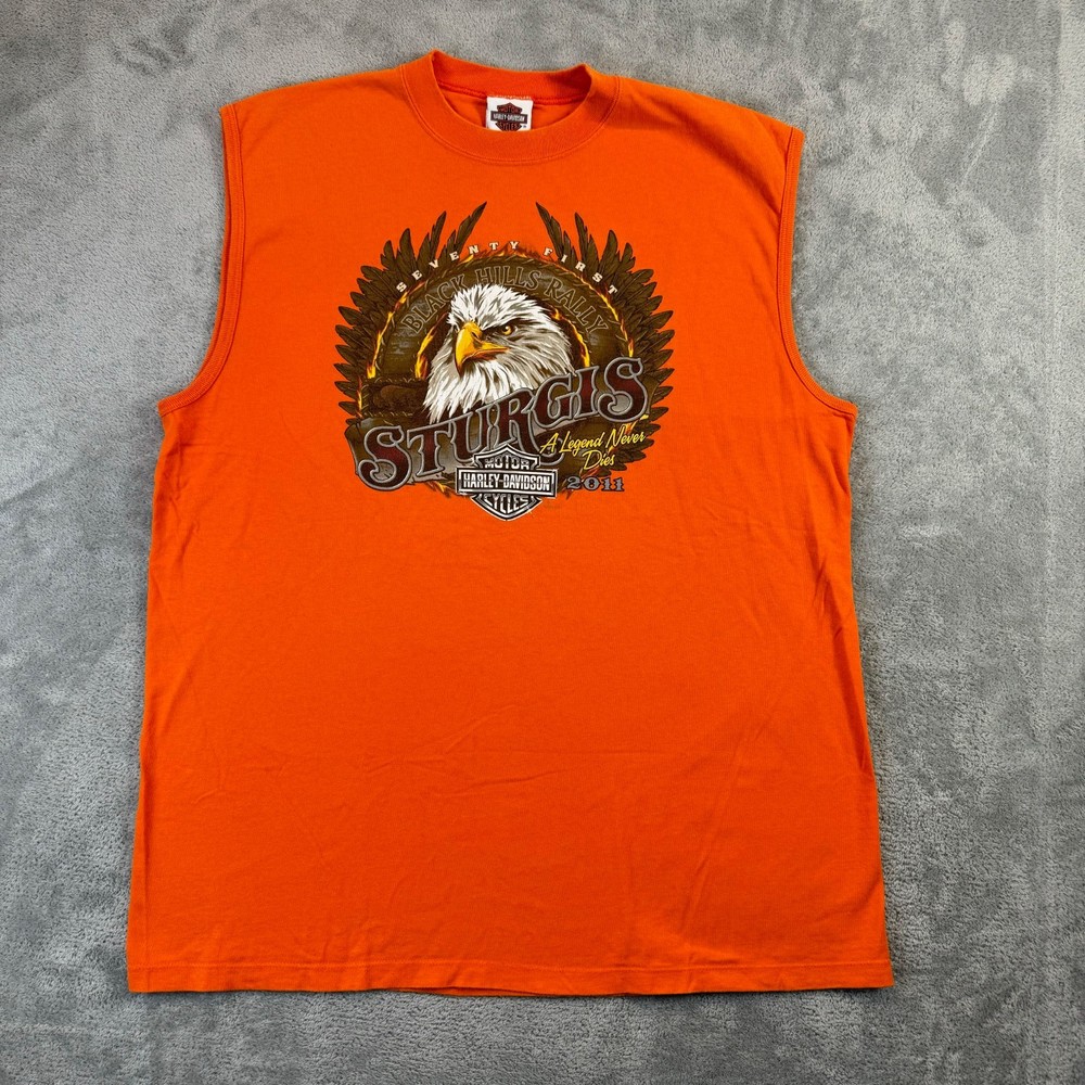 VTG Harley Davidson Tank Shirt Mens XL Orange Sleveless Sturgis Motorcycle USA