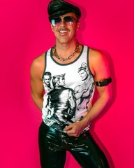 Tom of Finland Mesh Tank Top — “TOM 73” (gay, leather pants)