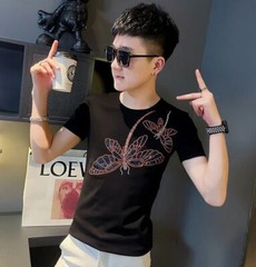 New Men Luxury Rhinestones Dragonfly Fashion Black White T-Shirt High Quality