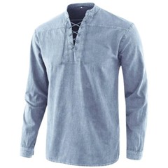 Men Fashion Casual Shirt Retro Pure Color Stand-Up Long Sleeve Collar Top