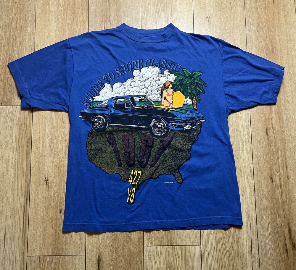 Vintage SUN SPORTSWEAR T-Shirt Blue XL Corvette Girl Beachwear Beach 90s
