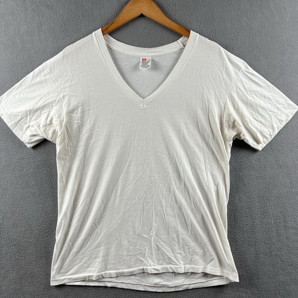 Vintage Hanes Shirt Mens XL White Blank Single Stitch V Neck 90s Essential Tee