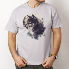 Wolf Shirt Graphic Nature Moon Gray Cotton Softstyle Retro
