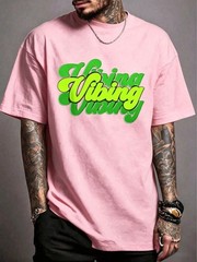 Neon Green Letter “Green Vibe” Crew Neck Short Sleeve Casual Party Men’s Top