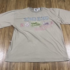 Vintage Hong Kong Shirt Mens XL Beige Embroidered Stamp Graphic Tourist Tee 90s