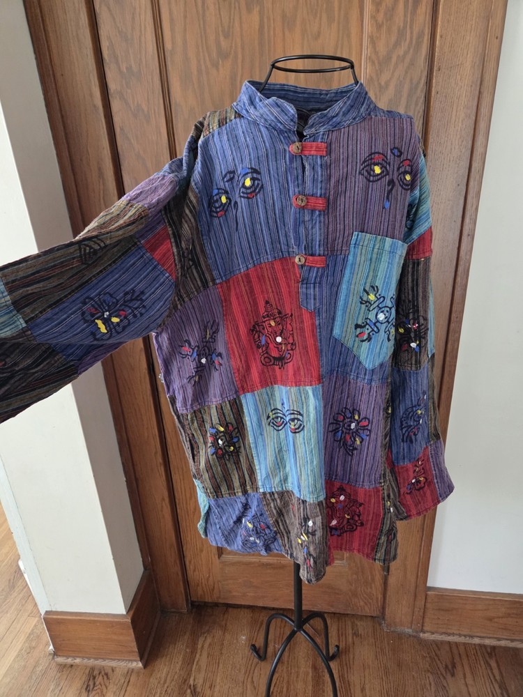 SHOPOHOLIC Patchwork Colorful Cotton Shirt XXL hand painted hippie inspired mens