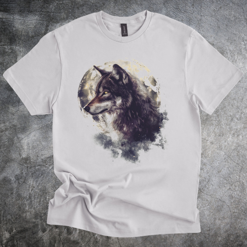 Wolf Shirt Graphic Nature Moon Gray Cotton Softstyle Retro