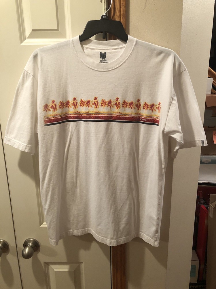 Vintage Speed-O Brand 2 Sided Printed Short Sleeve T-Shirt White W/ Multi Colors
