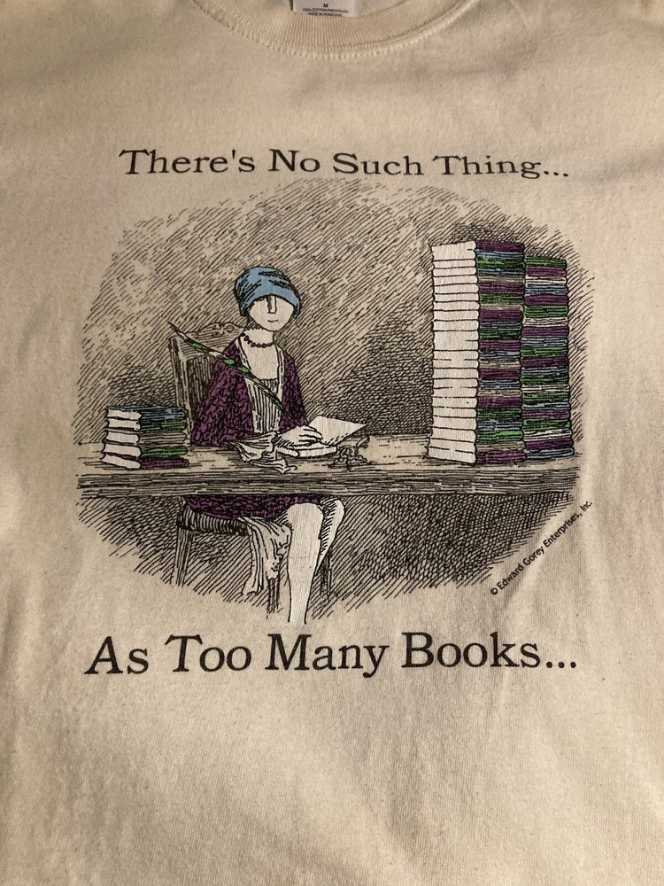 Vintage Sz Med. Edward Gorey Shirt No Such Thing, Too Many Books Caricature.