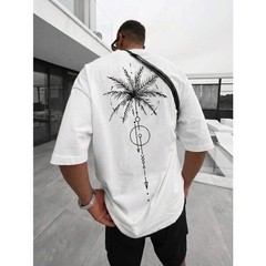 Fractyr Men’s Geometric Palm Tree Double Print Oversized Tee, White Streetwear​