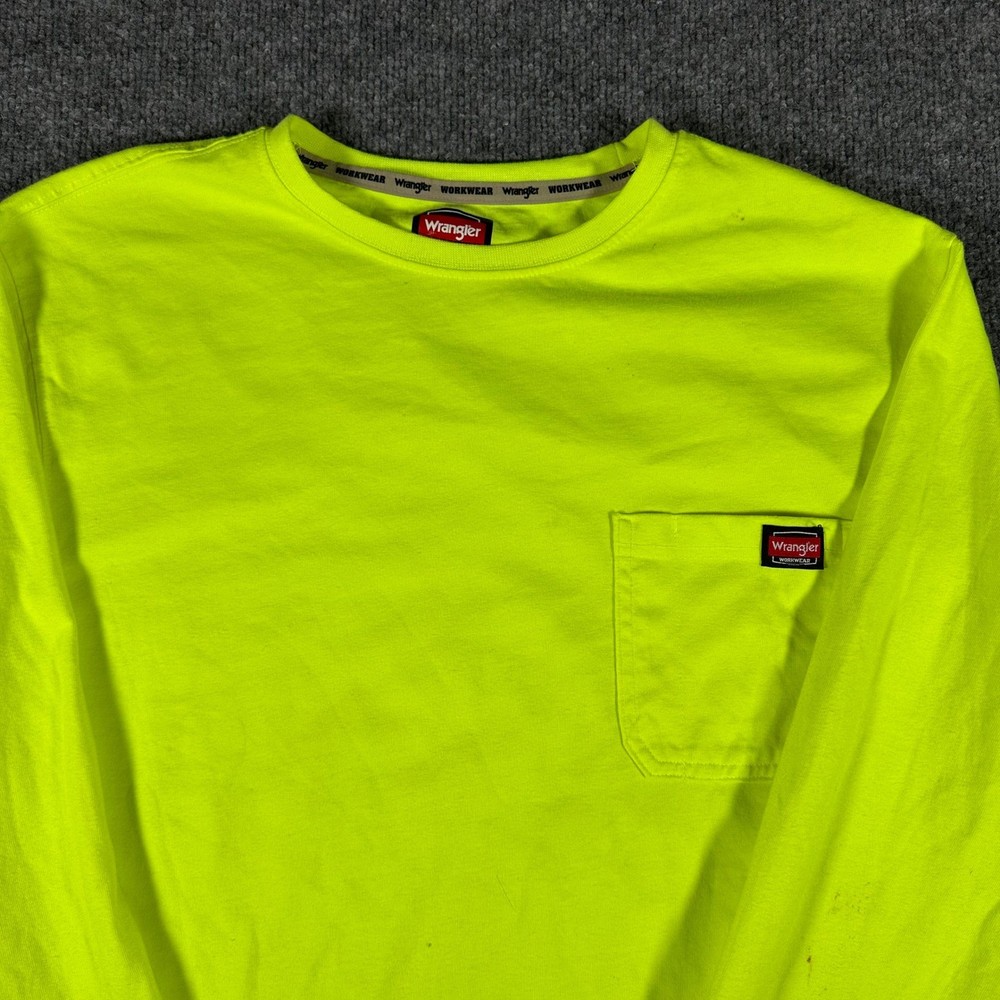 Wrangler T-Shirt Mens XL Neon Yellow Long Sleeve Workwear Pocket Hi-Vis Casual