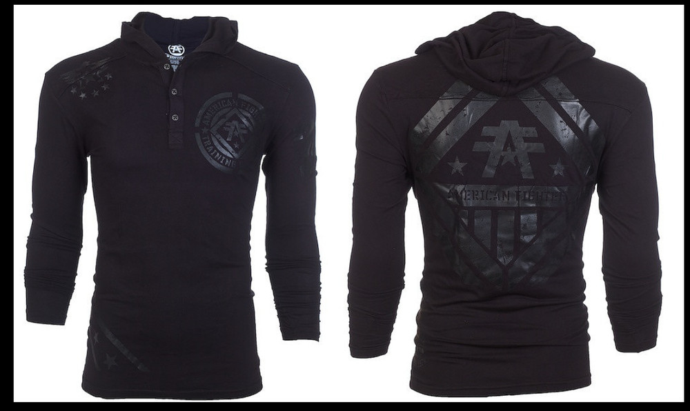 AMERICAN FIGHTER Black on Black AVERETT Long Sleeve Henley Hoodie T-shirt NWT
