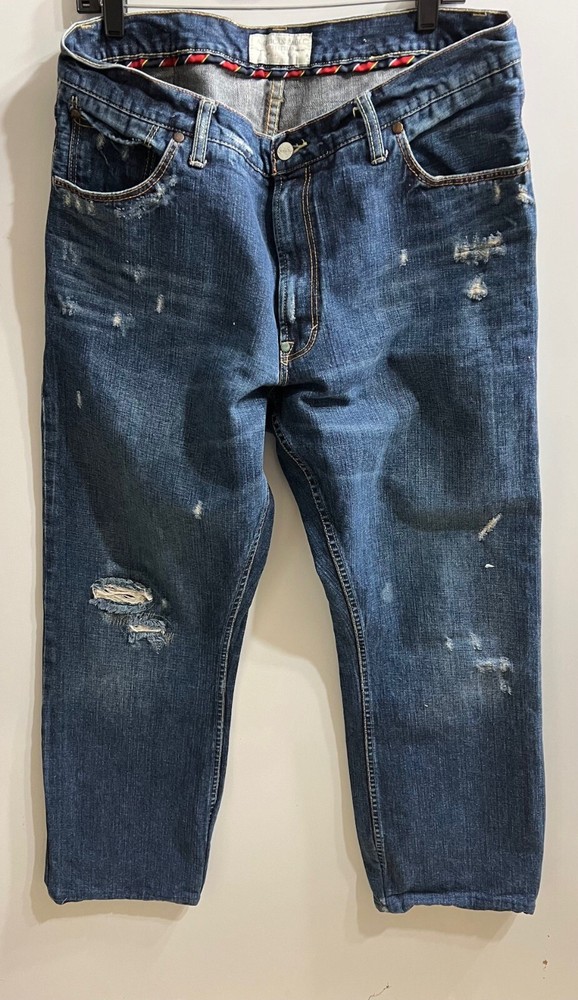 American Eagle Men Denim Jeans Boot Cut Blue 100% Cotton 36 X 31 Distressed