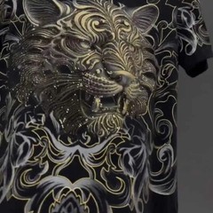 New Fashion Trend Lion Hot Diamonds Rhinestones Black Summer Luxury Men T-Shirt