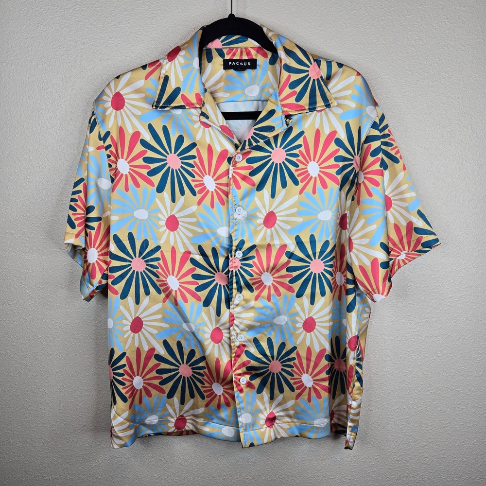 Pacsun Cropped Daisy Satin Camp Shirt Men’s Size Small Floral 70s Aesthetic