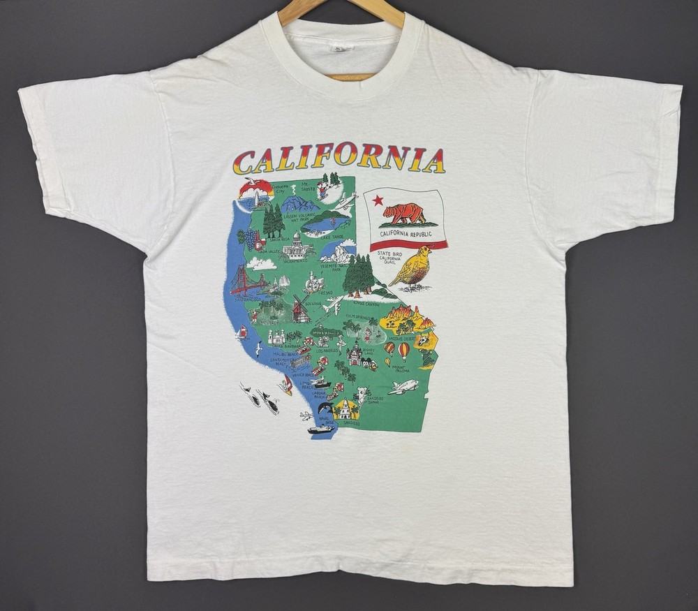 Vintage 90’s California Republic USA Map Art Logo Nature Drawing Color XL White