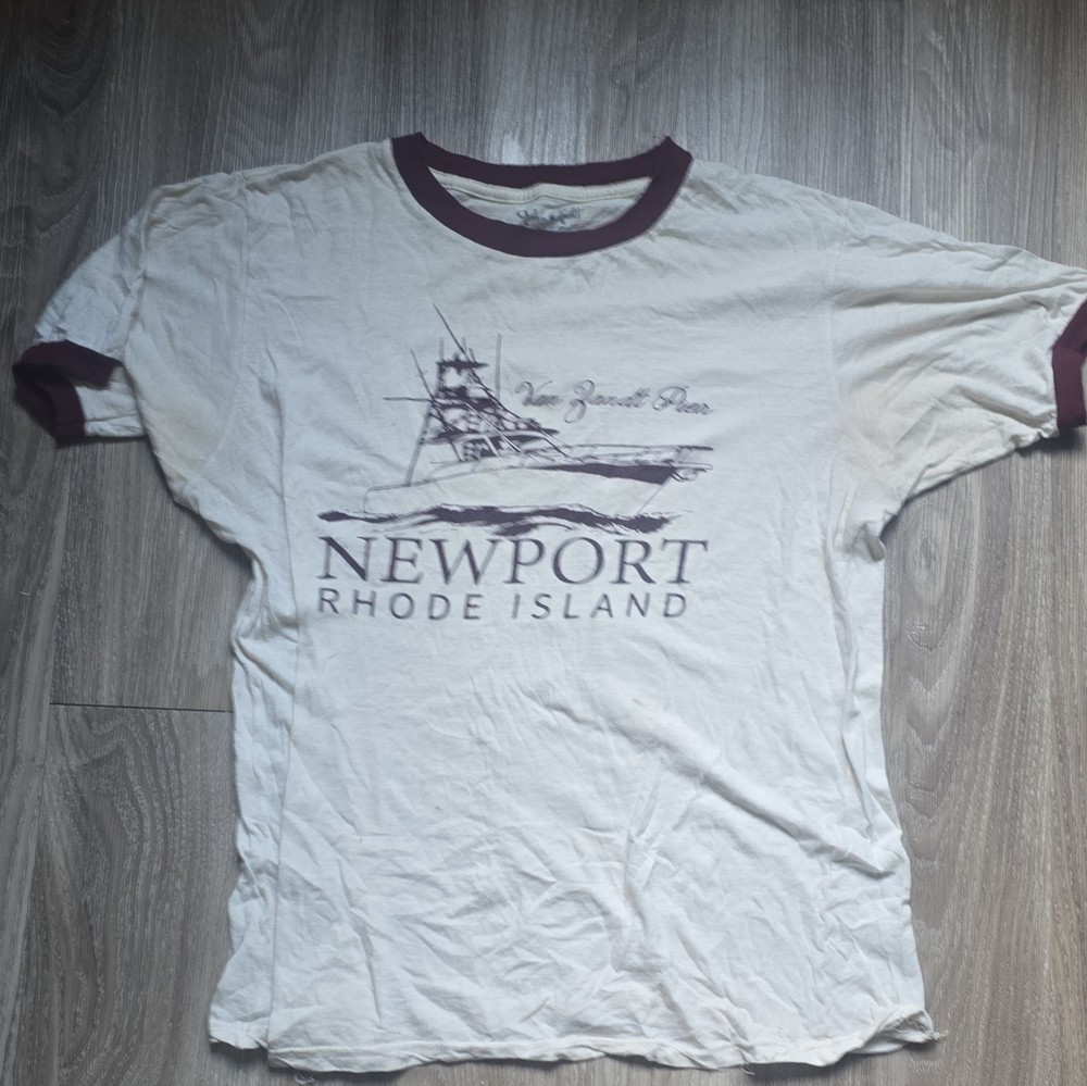 John Galt Newport Rhode Island Graphic Ringer T-Shirt S/M Cotton White/Burgundy