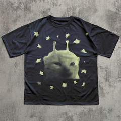 Y2K Alien Cat Meme T Shirt Funny Kitten Vintage Graphic Tee Weird Cats Retro