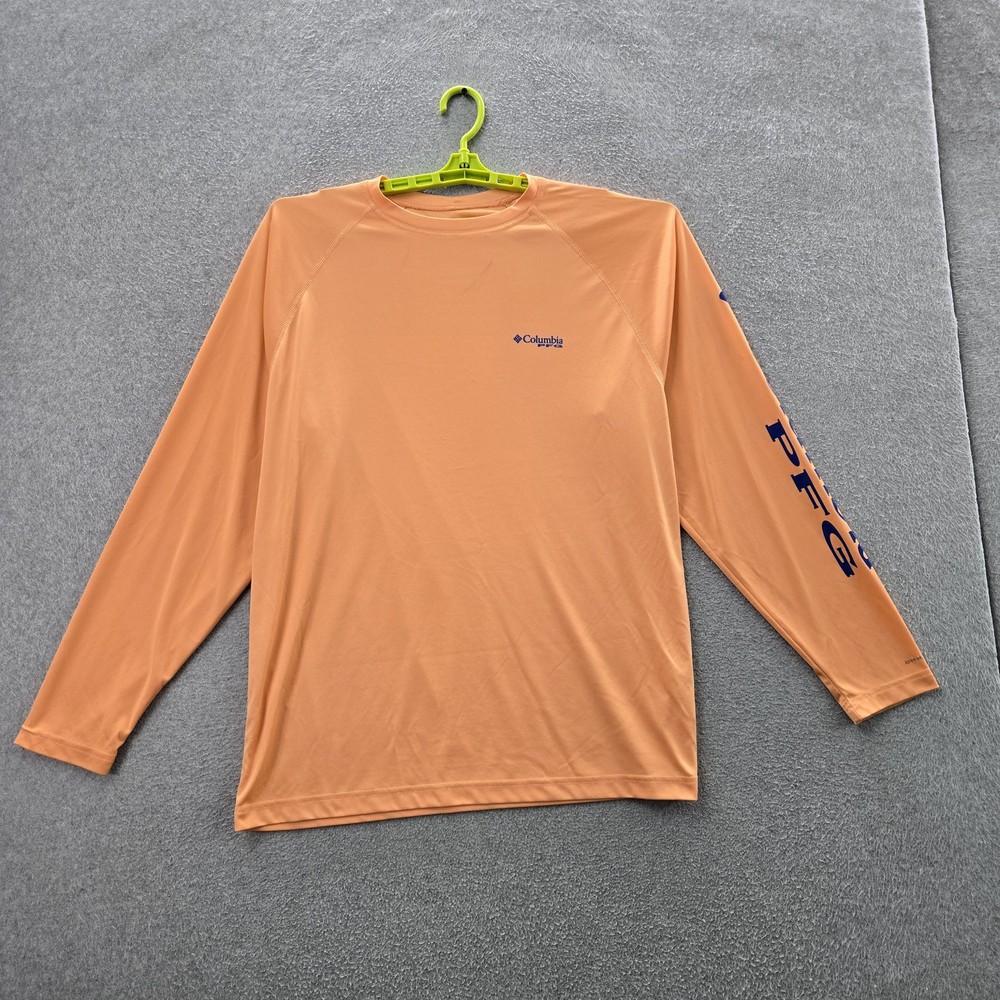 Columbia Men Shirt L/G Orange Logo Text PFG Activewear Long Sleeve Fishing