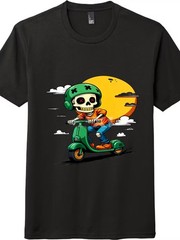 Cartoon Skull Riding Scooter Unisex Streetwear Cotton Graphic Tee
