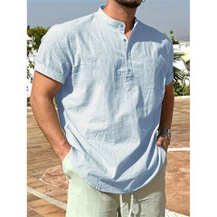 Men’s Cotton Linen Henley Shirt Summer Breathable Casual T-Shirt Tee Casual Gift