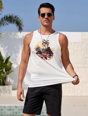 Mens Graphic Tank Tops Sleeveless T Shirt Hawaiian Palm Tree Vacation Tank