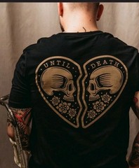 Gothic Black T-Shirt Until Death Emo Skull Heart Art Graphic Print Soft Unisex M