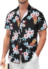 Mens Button Down Hawaiian Floral Shirt Casual Beach Vacation Tropical Top