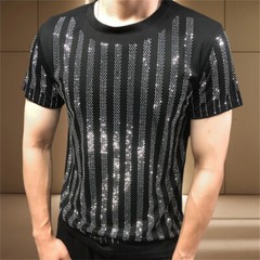 New Men Luxury Diamond Rhinestones Fashion Black T-Shirt High Quality