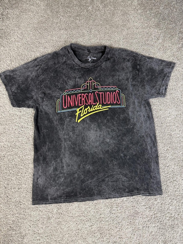 Universal Studios Shirt Mens L Black Florida Neon Logo Graphic Crew Neck