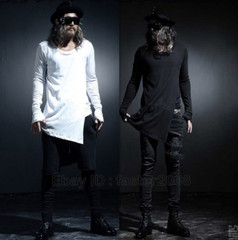 Mens Asymmetrical Hem Long Sleeve Shirt Top Mid Long T Shirts Punk Gothic S-3XL