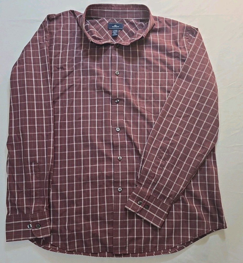 Dockers Mens L 16 16.5 Shirt No Wrinkles Stain Defender Maroon Plaid Long Sleeve