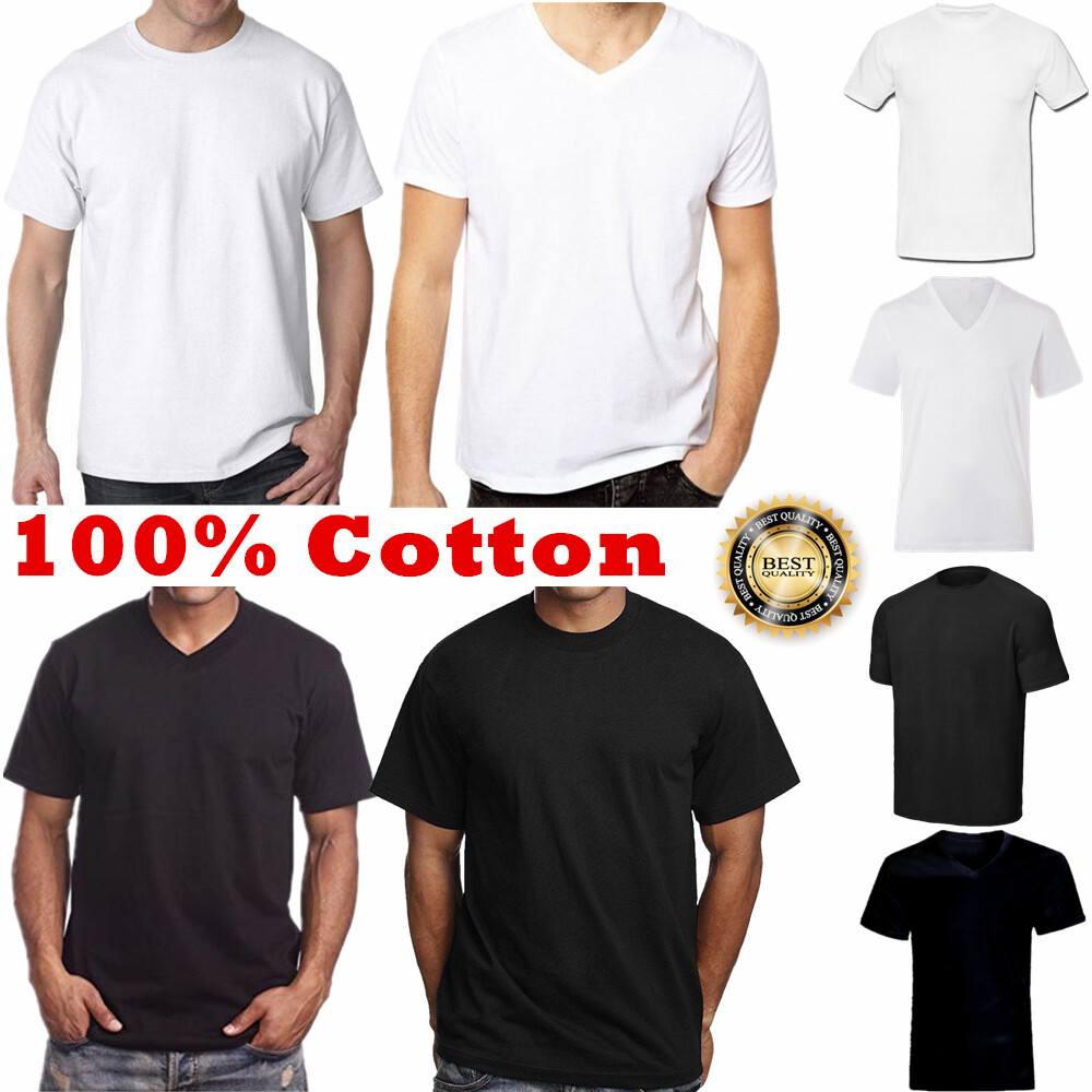 For Men 100% Cotton Thick Basic Tee Casual T-Shirt Crew V-Neck White Black S-4XL