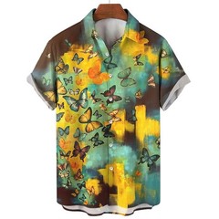 Mens Button Down Colorful Butterfly Print Hawaiian Top Novelty Summer Gift Shirt