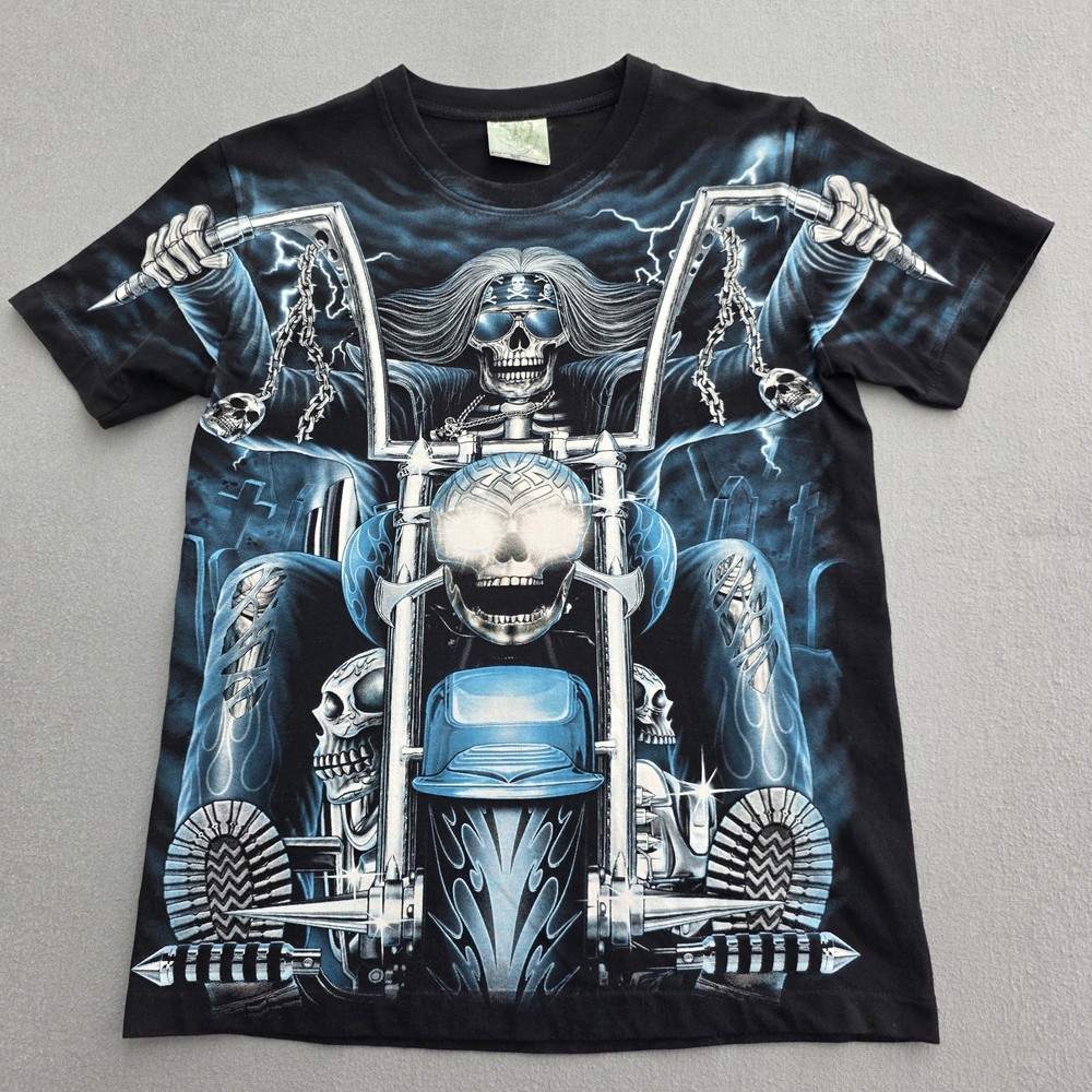 Rock Eagle T Shirt Men’s M Blue Skeleton Biker Glow In The Dark Skull Black