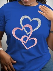 Women’s Round Neck Romantic Short-Sleeved T-Shirt Summer Heart Pattern Pullover♮