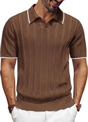 Mens V-Neck Knit Polo Shirt Textured Lightweight Breathable Summer Casual Top