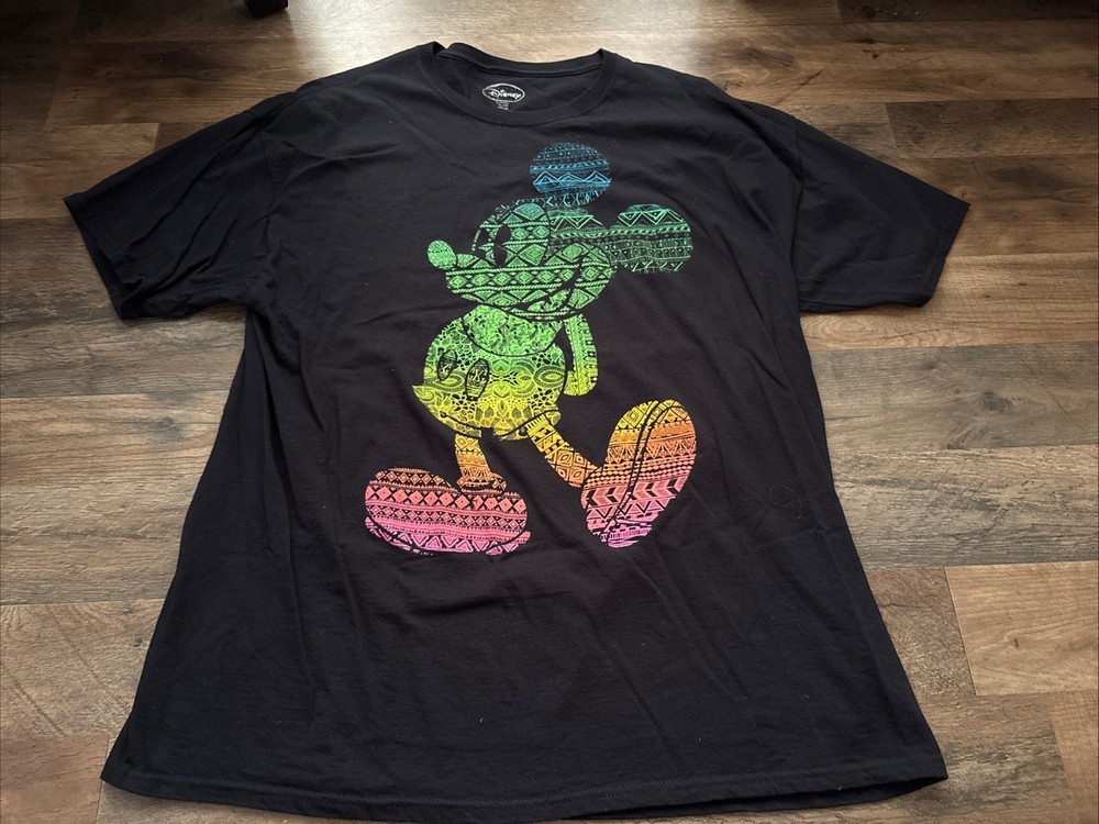 Disney T-Shirt XL (46/48) Mickey Mouse Rainbow Graphic Black Short Sleeve