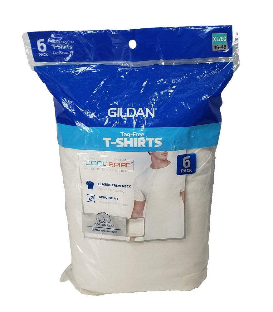 New Gildan Tag-Free Mens White Crew Neck T-Shirts, 6 Pack, 100% Cotton, XL