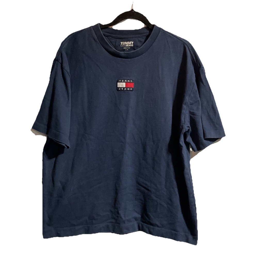 Tommy Jeans T-Shirt Men’s Large Blue Center Embroidered Logo Cotton Hilfiger