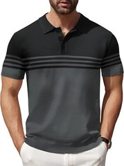 Men’s Striped Knit Polo Shirt Lightweight Short Sleeve Casual Collared Golf Tee