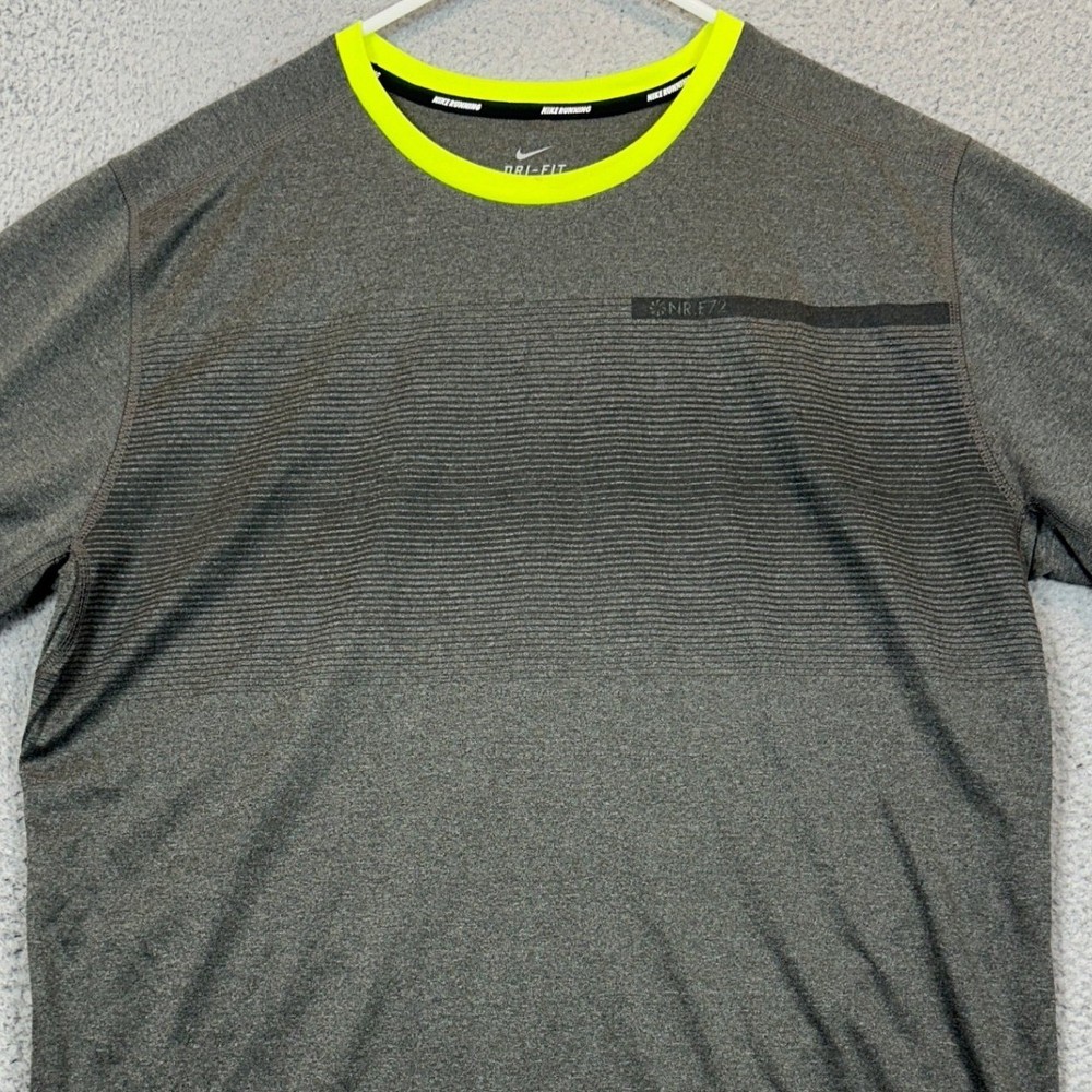 Nike Running T-Shirt Mens XL Grey Neon Volt Striped Dri-FIT Performance Athletic