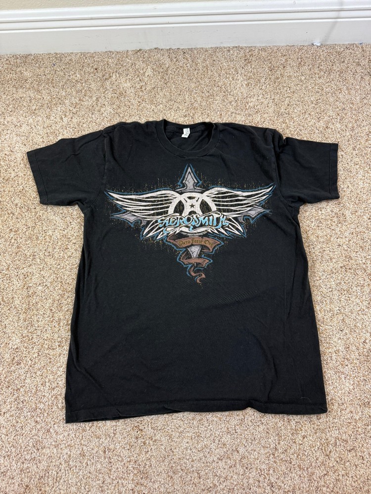 Aerosmith Aero Force One Band T Shirt Black Graphic Tee Wings Spellout Size M