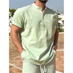 Men’s Cotton Linen Henley Shirt Short Sleeve Casual Summer Tee