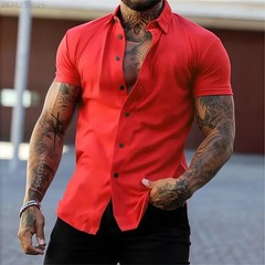 High quality men’s fitness short-sleeved shirt, business casual solid color stre
